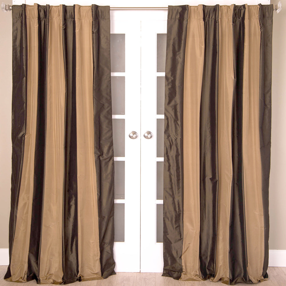 Pure Silk Taffeta Stripe Curtain, Gold Charcoal Stripes