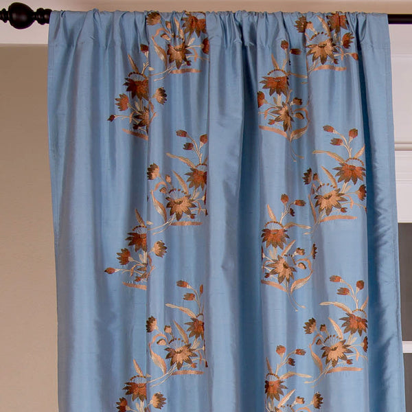 Dupioni Silk Embroidered Curtain, Blue
