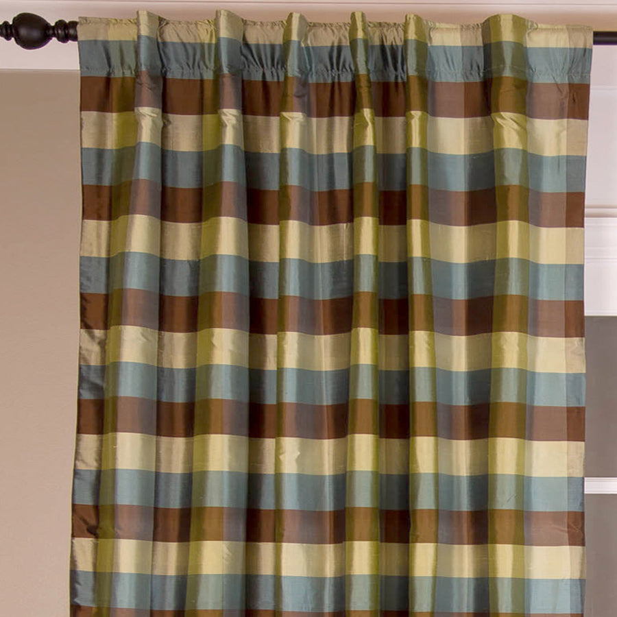 Dupioni Silk Check Curtain, Blue Brown