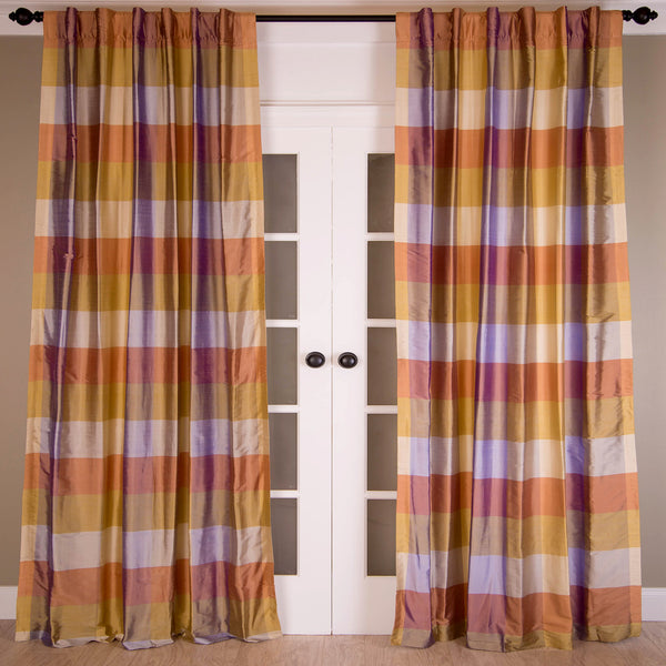 Dupioni Silk Plaid Curtain, Gold Pink Multicolor