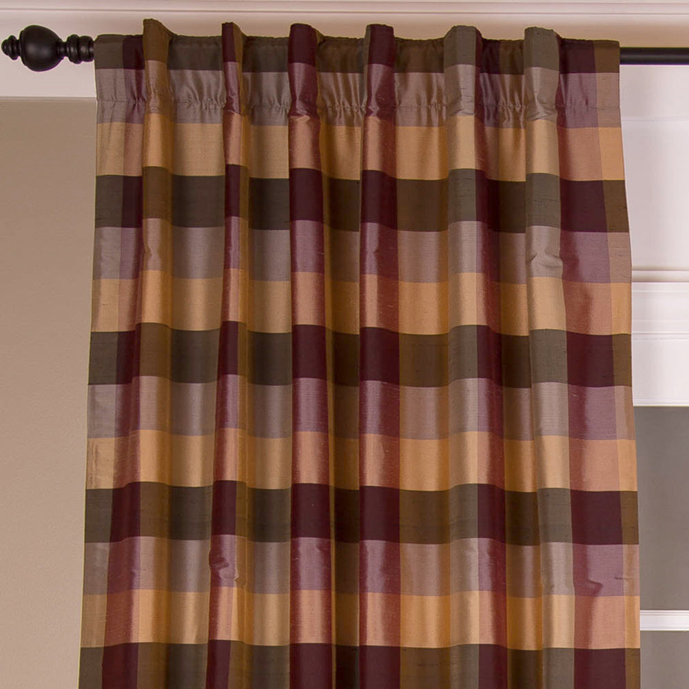 Dupioni Silk Check Curtain, Burgundy Check