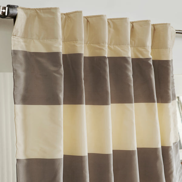 Taffeta Silk Striped Curtain, Ivory Grey
