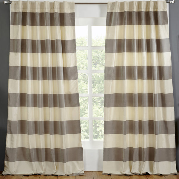 Taffeta Silk Striped Curtain, Ivory Grey