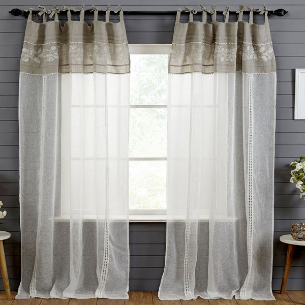 Decorative Border Lace Embroidery Linen Sheer Curtain, Ivory