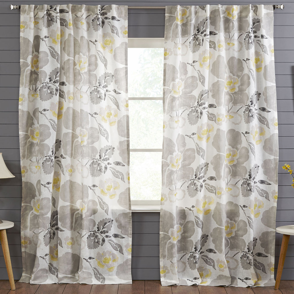 Linen Floral Print Curtain, Grey Ivory