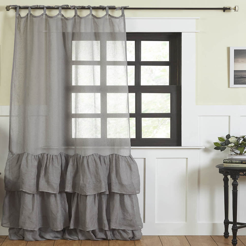 Ruffled Linen Sheer Tie-Top Curtain, Grey