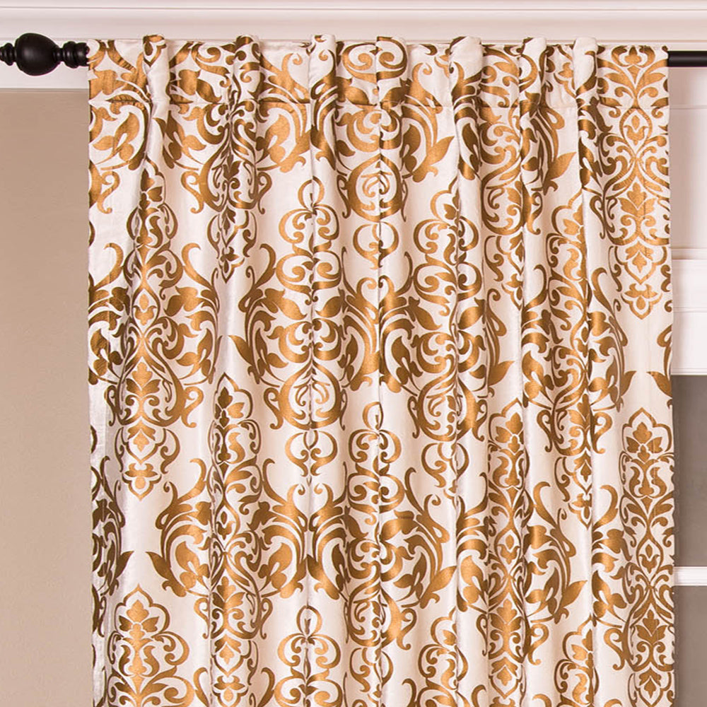 Medallion Printed Cotton Velvet Curtain, Gold Ivory