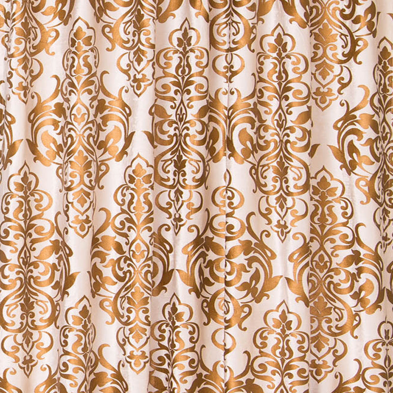 Medallion Printed Cotton Velvet Curtain, Gold Ivory