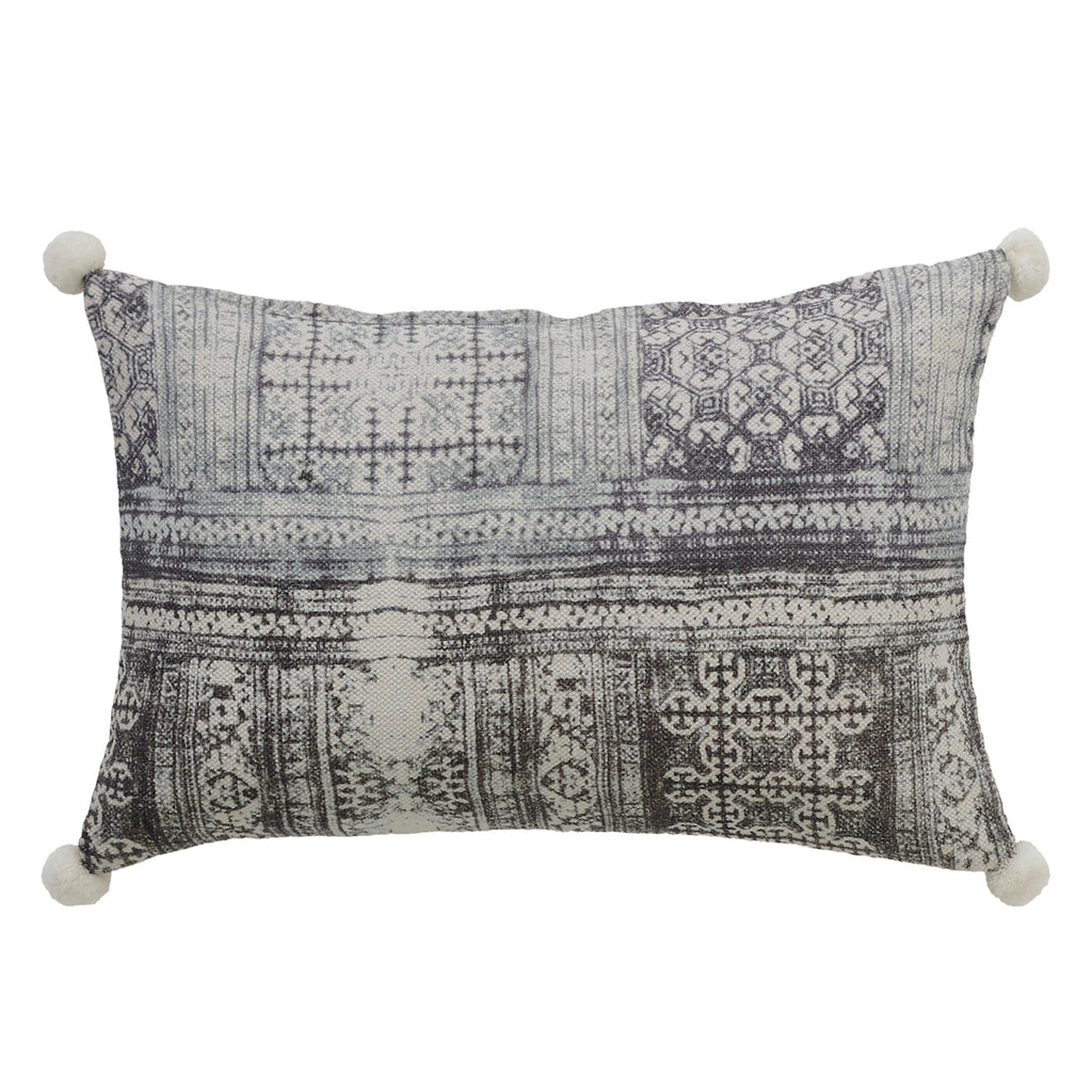 Vintage Inspired Printed Cotton Lumbar Pillow, Grey