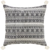 Block Print Cotton Pillow with Pompoms, Grey Ivory